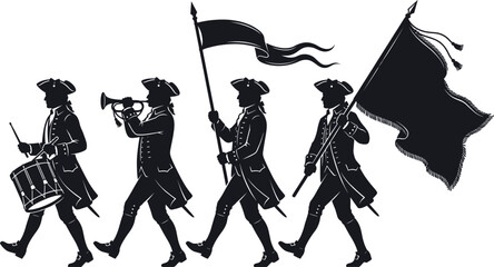Historical Military Parade Silhouette Collection with Drummer Trumpeter Flag Bearer and Colonial Marching Figures for Heritage Design © Joy