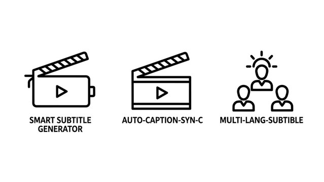 Smart subtitle generator and automated captioning tool icons with subtitle generator automated multilingual translation production workflow language software technology interface creative