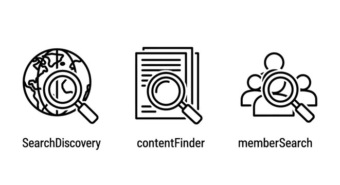 Search discovery content finder and member search icons with discovery research magnifying document information analysis database community interface navigation technology scanning