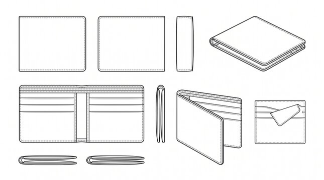 Men's Bifold Leather Wallet Vector Fashion Flat Sketch Technical Drawing Template