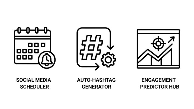 Social media scheduler and auto hashtag engagement analytics icons with scheduler engagement analytics marketing strategy calendar predictor business promotion management automated analysis