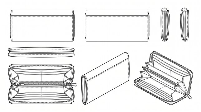 Women's Zip-Around Long Wallet Fashion Technical Drawing Flat Sketch Template