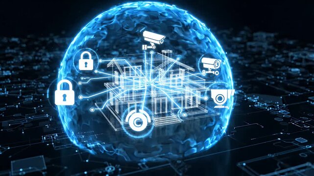 Smart Home Security System Protection Animation - A digital animation displays a wireframe house connected to security cameras and locks within a glowing blue protective shield, representing a smart