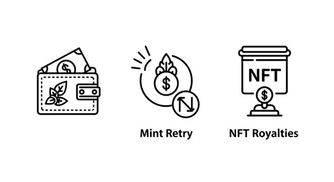 Nft marketplace and cryptocurrency wallet asset icons with currency blockchain investment transaction technology illustration business collectible exchange ownership copyright contract