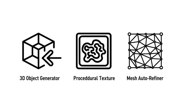 3D design workflow icons featuring object generator procedural texture and mesh auto refiner modeling generator software development technology computer rendering graphics creation geometric