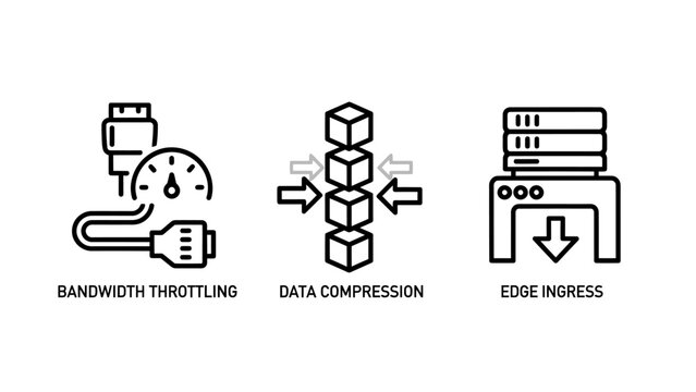 Network management icons representing bandwidth throttling data compression and edge node access with bandwidth compression management internet technology connectivity optimization infrastructu