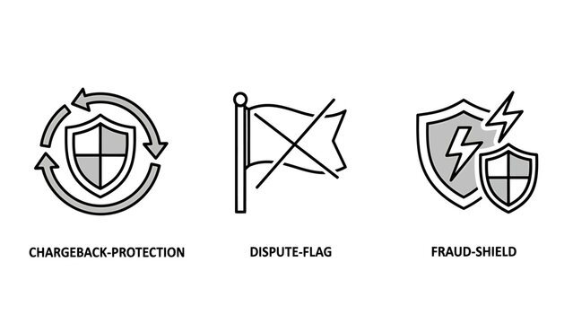 Financial security and dispute management icon set with chargeback protection security payments transactions illustration prevention management cybersecurity guarantee verification business