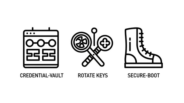 Cybersecurity and system protection icons including credential vault key rotation secure boot with cybersecurity security protection credential encryption password authentication software