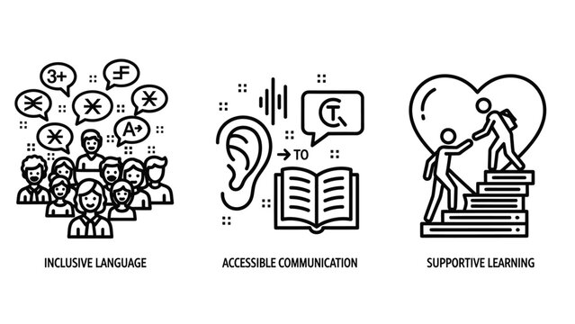 Education and accessible communication line icons set for learning support with education communication accessible learning language teaching development knowledge students training academic