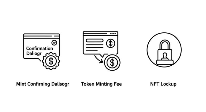 Set of financial technology icons including minting confirmation token minting fee and nft lockup technology currency blockchain transaction investing business illustration interface