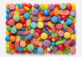 Fototapeta premium A vibrant assortment of colorful candies, including gummies, jellybeans, and lollipops, creating a joyful sugary landscape for indulgence
