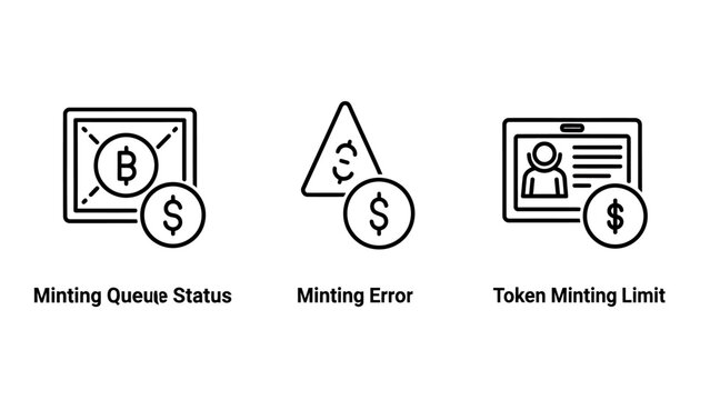 Blockchain token minting and digital currency queue status icons with blockchain currency financial transaction technology contract investment platform validation verification security