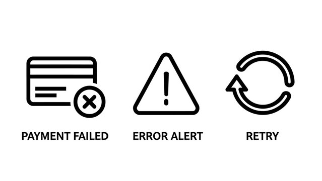 Online payment failed error alert and retry transaction icons with transaction shopping checkout business commerce notification interface validation ecommerce technical attention