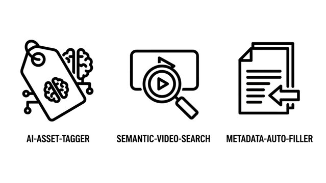 Set of three digital technology icons: AI asset tagger semantic search metadata auto-filler with metadata automation intelligence artificial software technology business internet computer