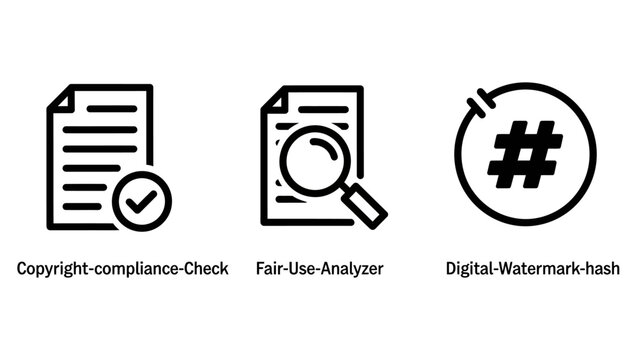 Digital security icons featuring copyright compliance check fair use analyzer and digital watermark hash copyright compliance security watermark analysis document verification intellectual