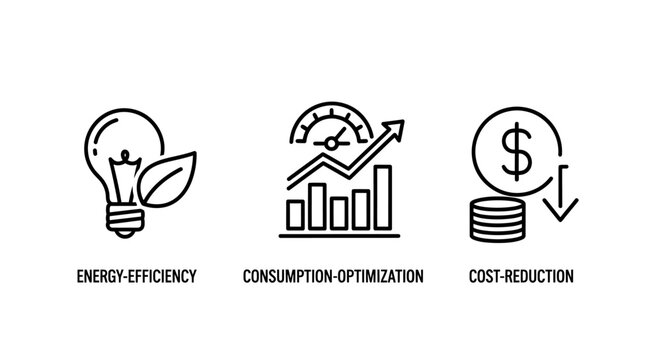 Resource management icons illustrating energy efficiency consumption and cost reduction with efficiency consumption optimization reduction business lightbulb performance management strategy