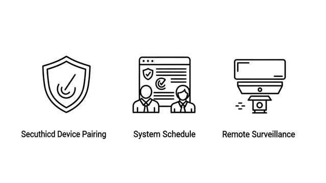 Security system management icons for device pairing schedule and remote surveillance with security surveillance schedule protection monitoring technology automation connection wireless