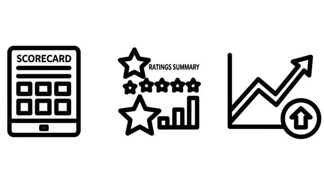 Business performance metrics icons for scorecard rating summary and growth trends with scorecard business performance analysis statistics improvement evaluation progress strategy investment
