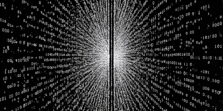 A black background with a tunnel of white binary code converging at a bright light