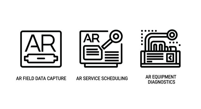 Set of augmented reality technical icons depicting data capture service scheduling equipment diagnostics with augmented scheduling equipment diagnostics technology innovation industrial