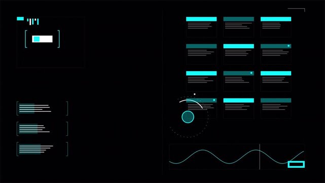 Futuristic HUD interface with circular target and data analytics panels, digital cyber display 4k video