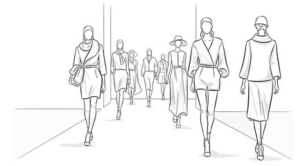 Obraz premium Fashion Show Runway Sketch - Models Walking in Stylish Outfits, Artistic Fashion Illustration