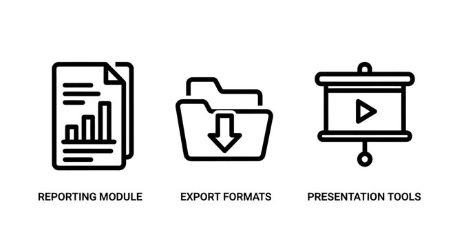 Business reporting export and presentation tools icons set with reporting presentation business analysis document management corporate strategy professional workflow information software