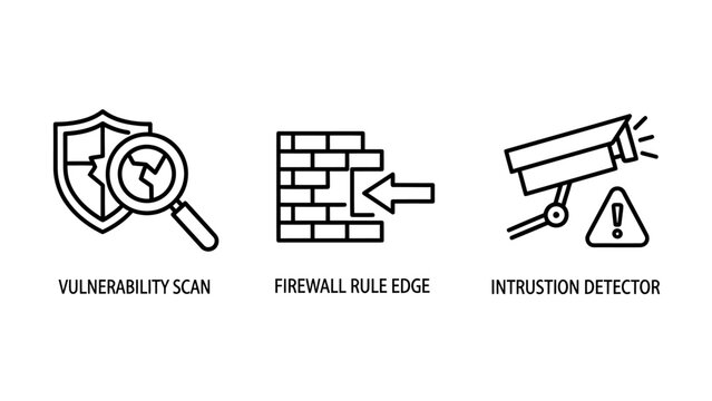 Set of cybersecurity and network protection icons with cybersecurity vulnerability firewall security intrusion detector protection information monitoring surveillance magnifying inspection