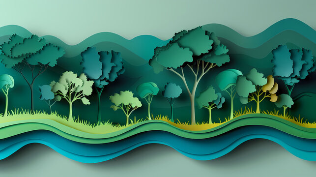 Uplifting 3D paper cut concept artwork showing a lush forest being restored, and a clear river winding through, symbolizing reforestation efforts.