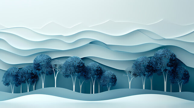 Uplifting 3D paper cut concept artwork showing a lush forest being restored, and a clear river winding through, symbolizing reforestation efforts.
