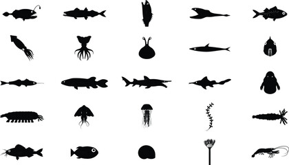 Marine Life Silhouette Vector Set Featuring Deep Sea Fish Squid Jellyfish Crustaceans and Ocean Creatures © MstMostarina
