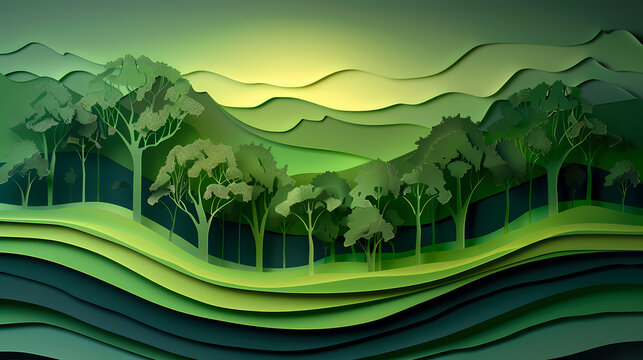Uplifting 3D paper cut concept artwork showing a lush forest being restored, and a clear river winding through, symbolizing reforestation efforts.