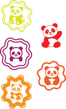 Cute Panda Badge Logo Collection Vector Cartoon Animal Emblem Set
