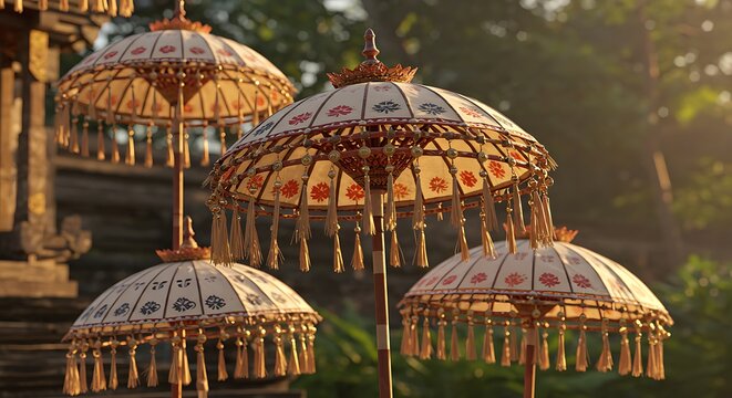 Guarda-s&oacute;is ornamentados com detalhes dourados e luz solar expostos ao ar livre