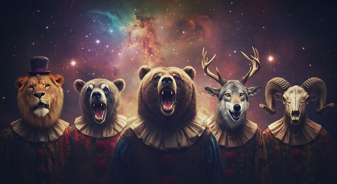 Conjunto de animais fant&aacute;sticos com cen&aacute;rio gal&aacute;ctico representando um tema de fantasia.