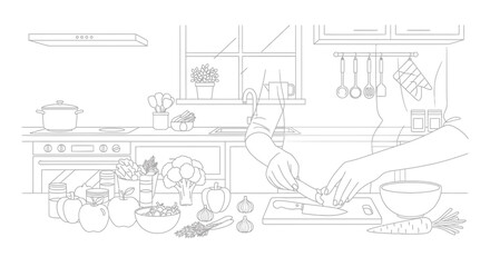 Obraz premium Healthy Cooking: Hands Chopping Vegetables in a Bright Kitchen
