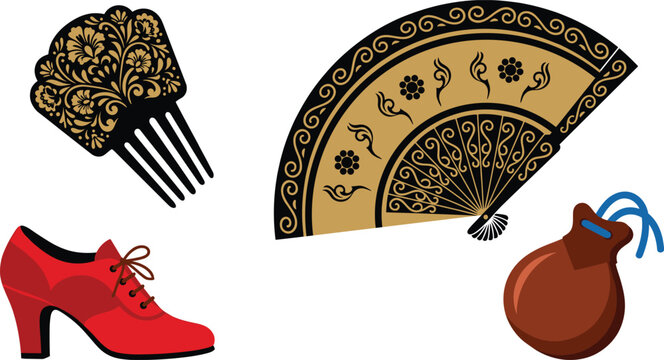 Traditional Spanish cultural accessories including ornate fan, floral hair comb, red flamenco shoe, and leather pouch illustration