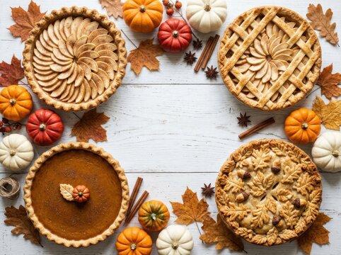 Arrangement of four delicious pies including pumpkin and apple, surrounded by fall decorations on a wooden surface
