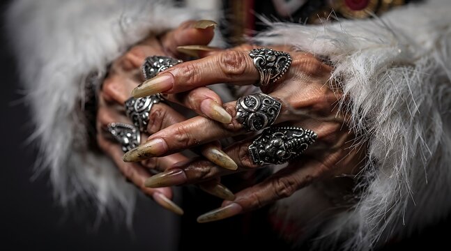 Close-up of a witchs hands with long claws and ornate rings.