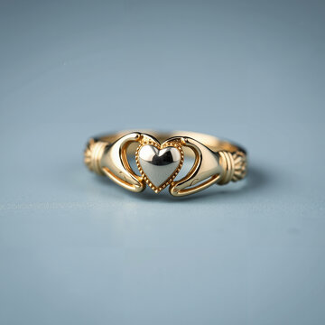 Gold heart ring with a silver centerpiece on a light blue background