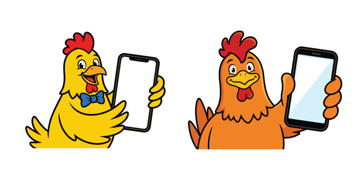 Chicken mascot cartoon character showing smartphone isolated vector illustration