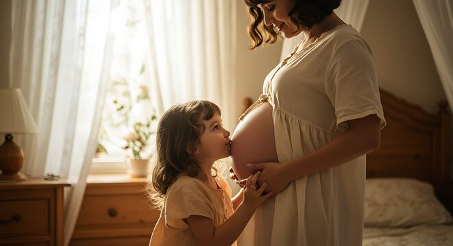 M&atilde;e gr&aacute;vida e filha se abra&ccedil;am em cena interior sob suave luz solar.