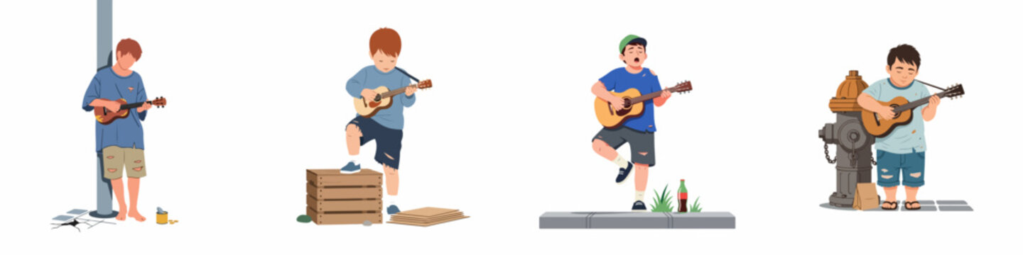 Illustrations of homeless and underprivileged children busking with guitars and ukuleles on the street to earn money, featuring four young street musicians.