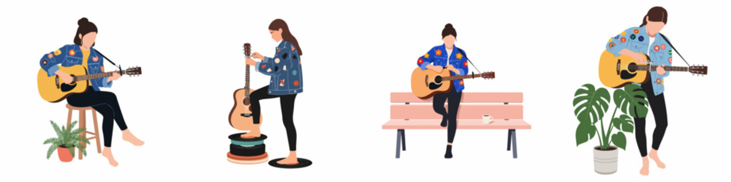 Vector illustration set of a woman playing and tuning her acoustic guitar in various poses, wearing a denim jacket with colorful patches.