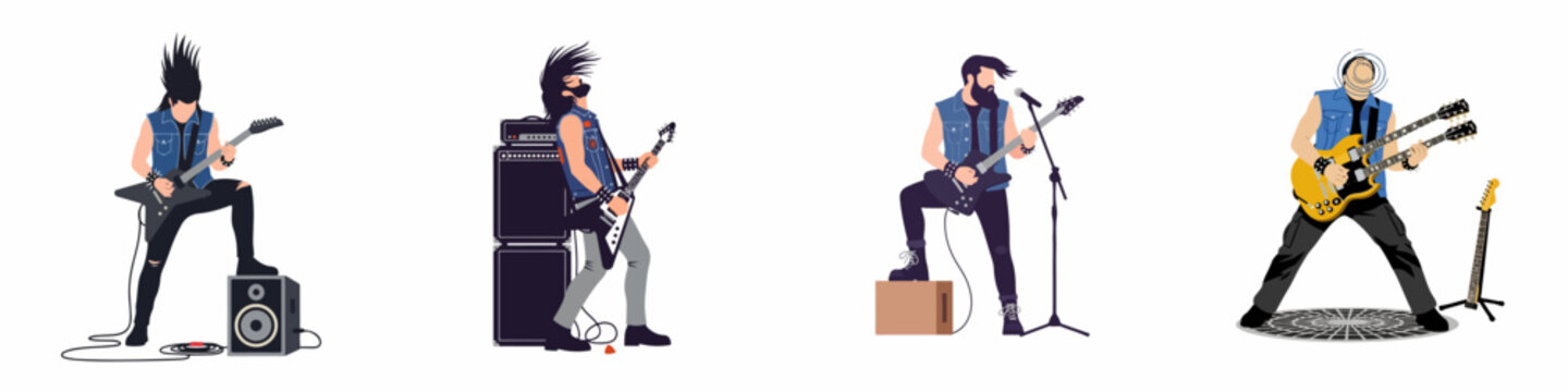 Set of four heavy metal guitarists in action poses, playing electric guitars and performing on stage with amplifiers and microphones.