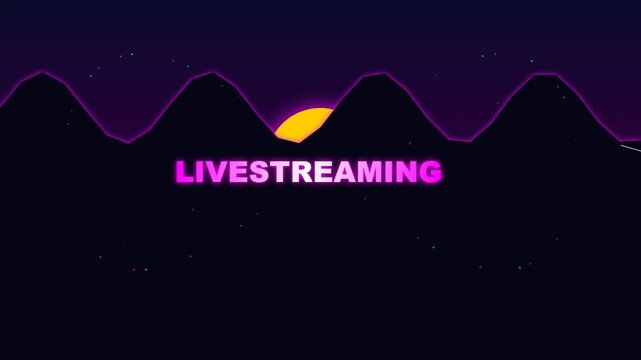 Neon Livestreaming Text with Retro Synthwave Mountains and Sunset Digital Background