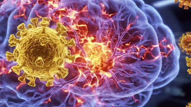 3D Hologram of West Nile Virus Infecting Brain Cells - A detailed 3D holographic visualization shows the West Nile virus, depicted as spherical yellow particles with spike-like projections, attacking
