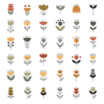 Scandinavian Folk Art Minimalist Floral Flower Vector Element Sheet