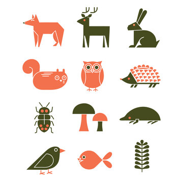 Scandinavian Folk Art Forest Woodland Animal Vector Element Sheet