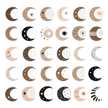 Mystical Boho Celestial Crescent Moon Pattern Vector Element Sheet